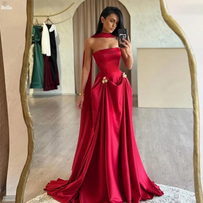 Bella Customized Flower Decoration Pearls robes de soirée Long Silk Scarves Party Dresses Strapless Satin A-line Prom Dress 2025