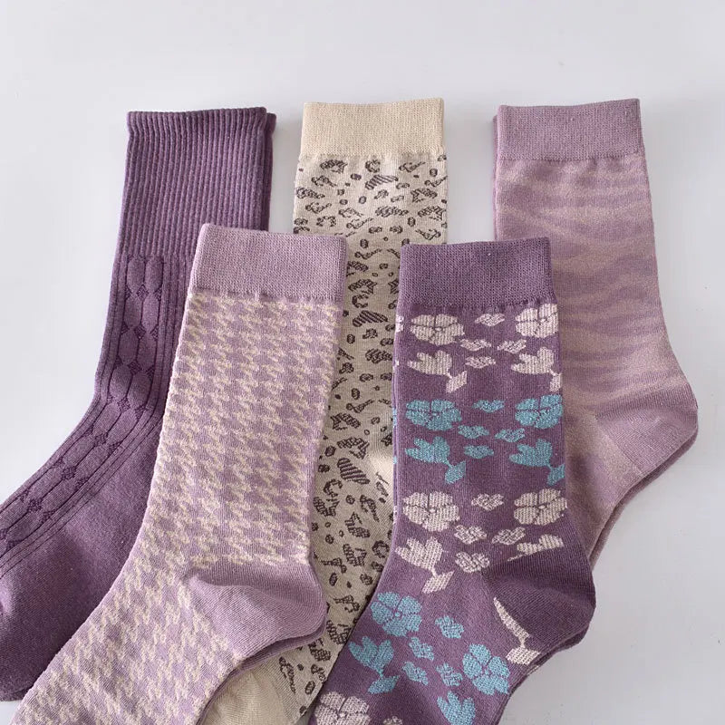 Retro Embroidered Flower Socks - 5 Pair Cozy Gift Set