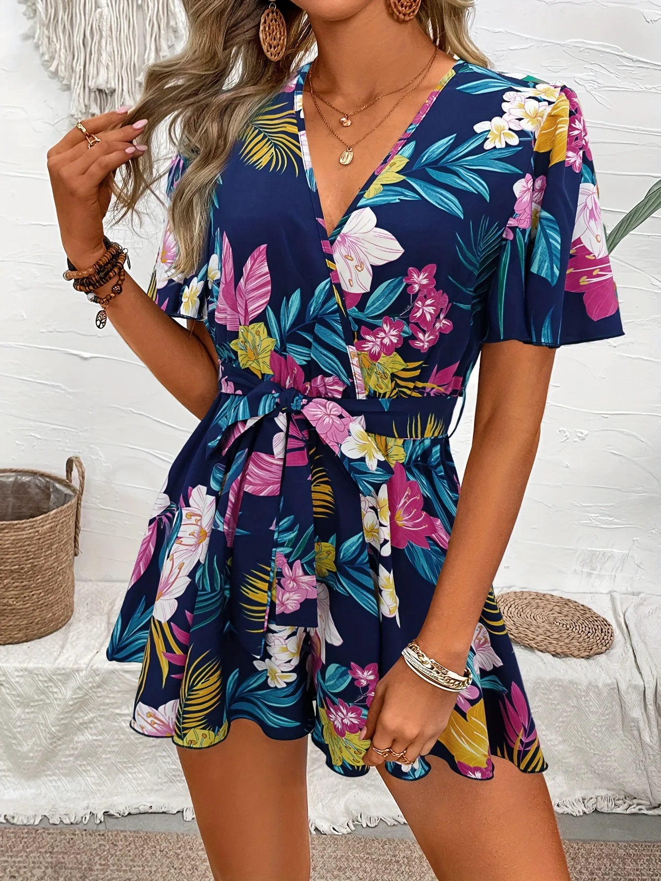 Short Sleeve Wide-Leg Jumpsuit - Vacation Style
