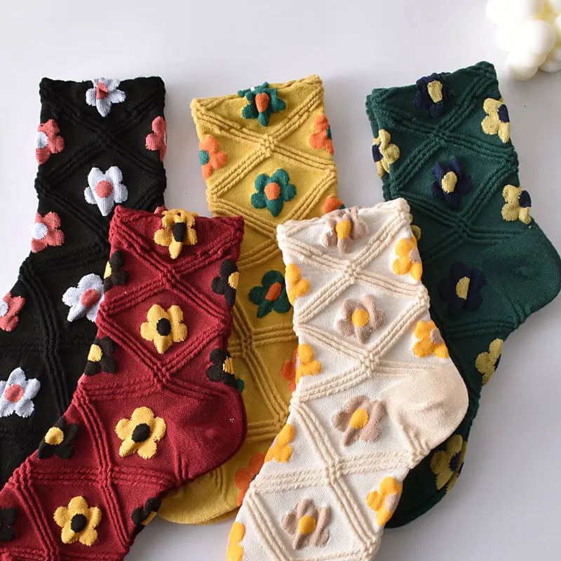 Retro Embroidered Flower Socks - 5 Pair Cozy Gift Set