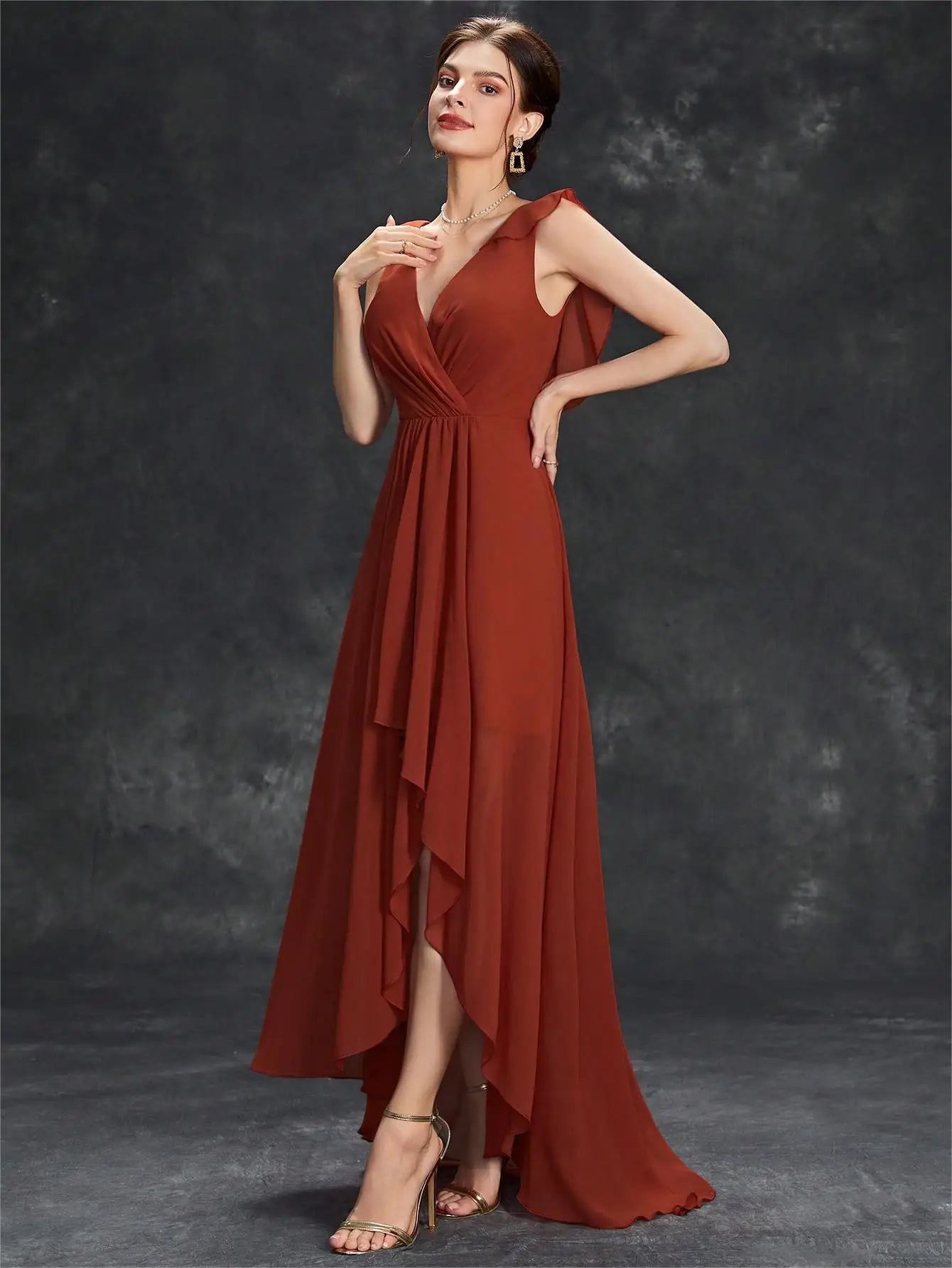 Sexy V-neck Backless High Low Ruched Chiffon Long Cocktail Party Dress