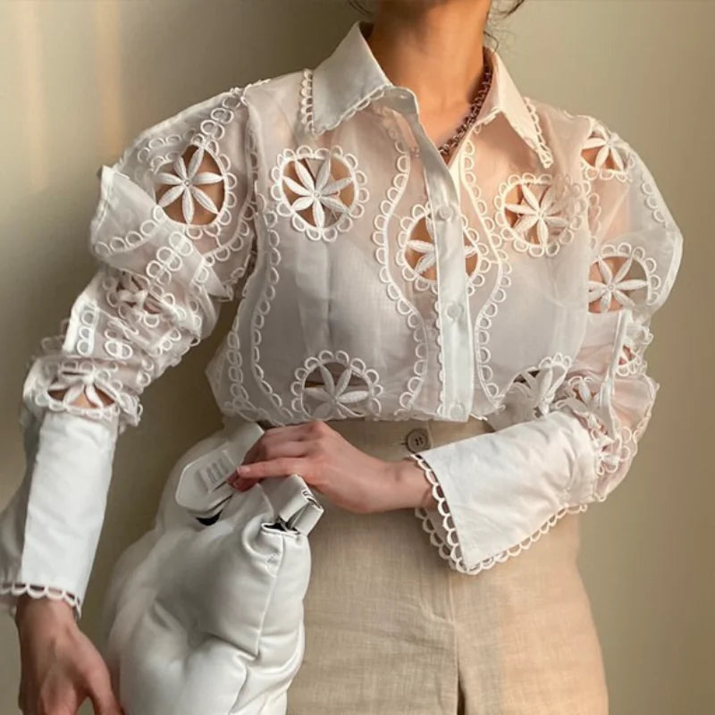 Floral Embroidered White Blouse - Long Sleeve Vintage Shirt