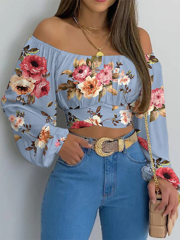 Off-Shoulder Lantern Sleeve Blouse - Lace-Up Cropped Top