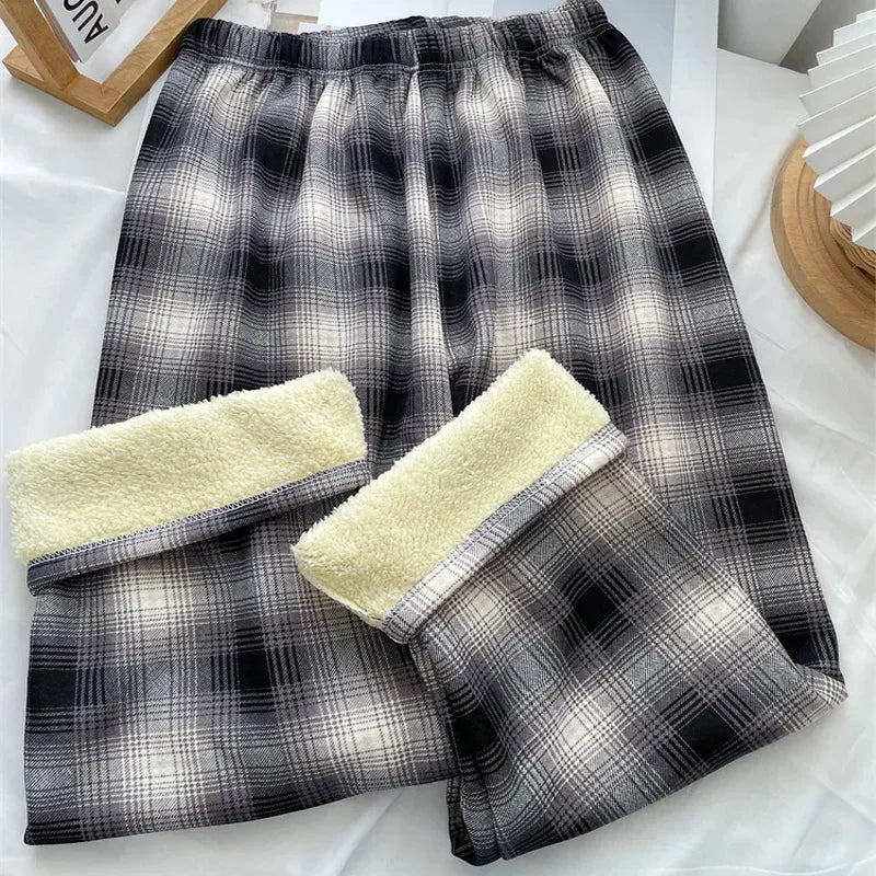 Fleece-Lined Plaid Trousers - High-Waist Straight Leg