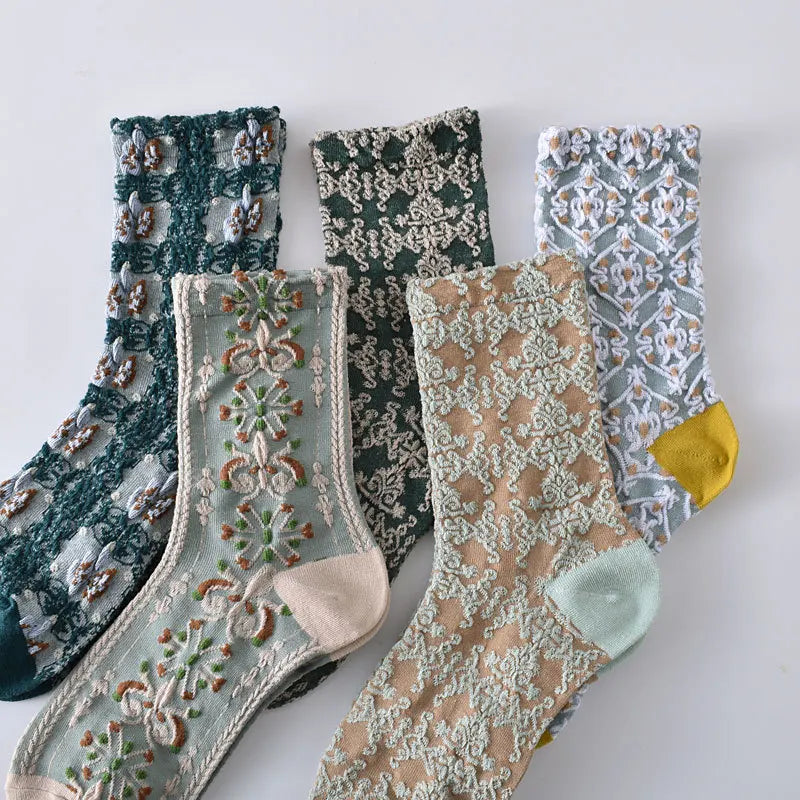 Retro Embroidered Flower Socks - 5 Pair Cozy Gift Set