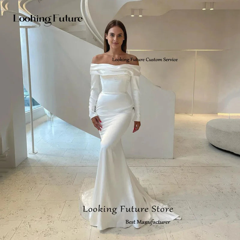 Customized Simple Satin Mermaid Long Wedding Dress Sexy Off Shoulder Formal Pleat Boat Neck Vintage BacklessZipper Bridal Grown