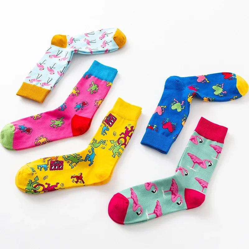 Cartoon Flamingo Cotton Socks - Casual Harajuku Crew Pair