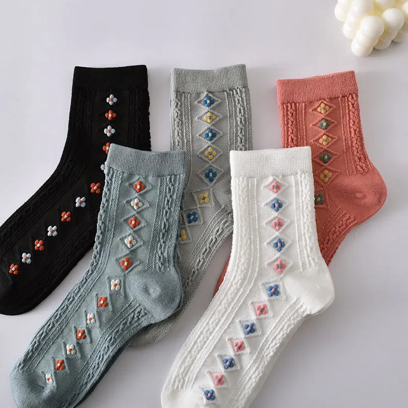 Retro Embroidered Flower Socks - 5 Pair Cozy Gift Set