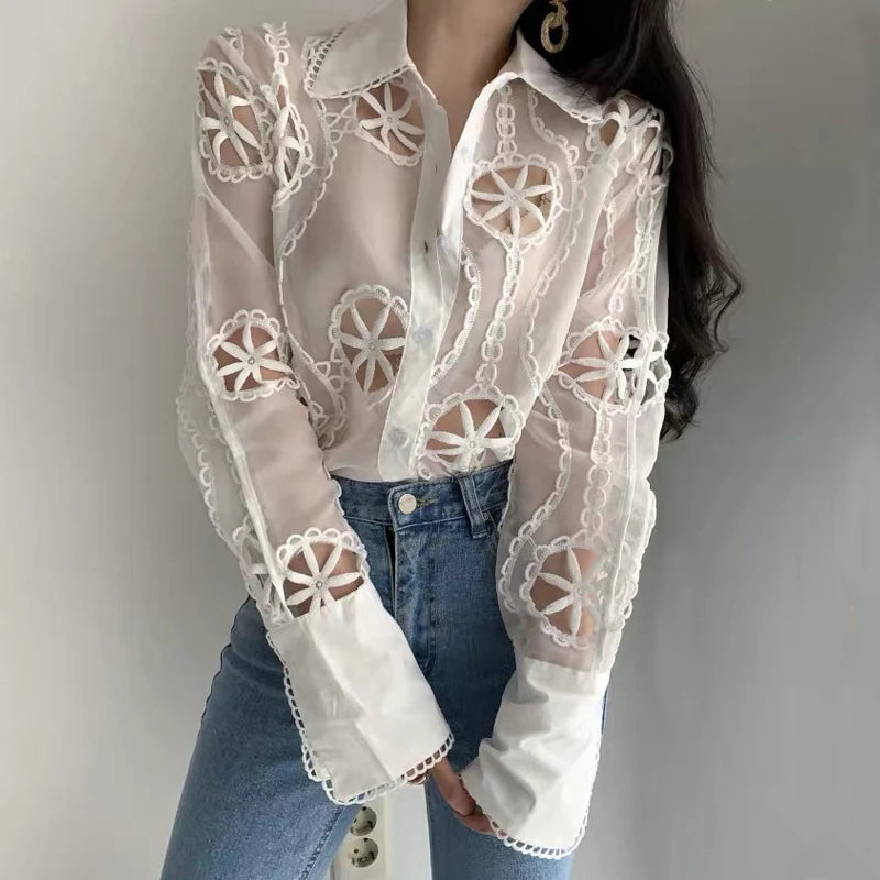 Floral Embroidered White Blouse - Long Sleeve Vintage Shirt