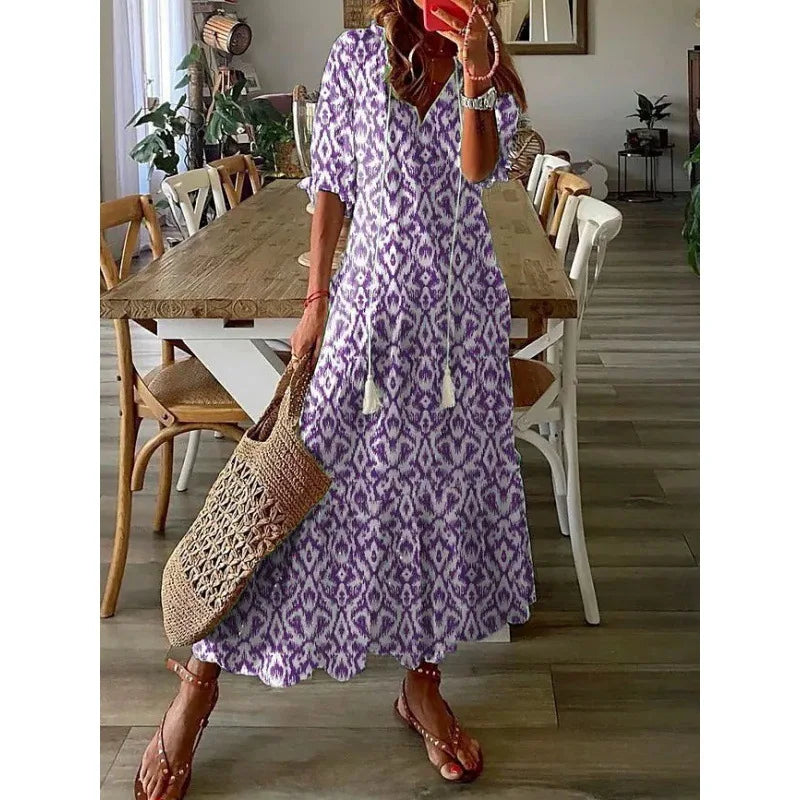 Bohemian Floral Maxi Dress - Relaxed V-Neck Summer Style