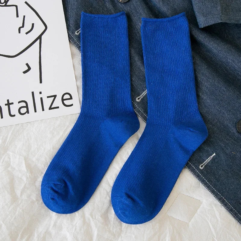 Solid Color Crew Socks - Breathable Preppy Mid-Calf Style