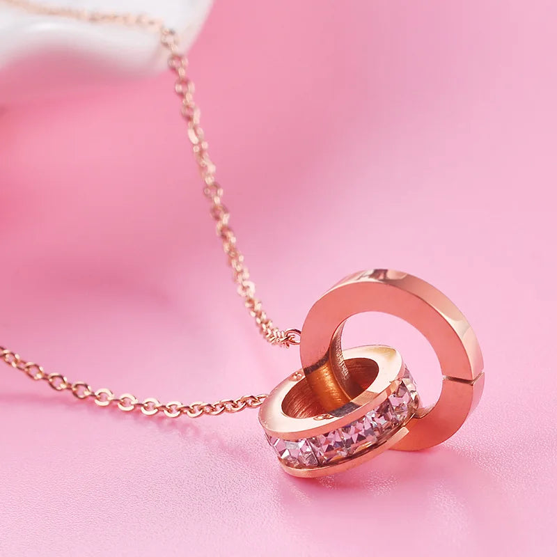 Luxury Roman Crystal Circle Choker Necklace - Stainless Steel Pendant