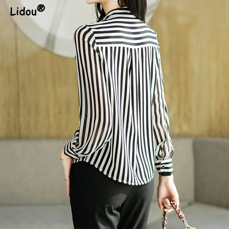 Striped Chiffon Office Blouse - Long Sleeve Bow Neck Top