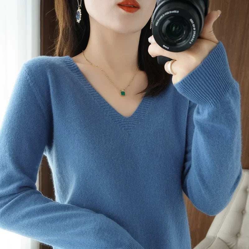 Premium V-Neck Knit Sweater - Soft Solid Color Pullover