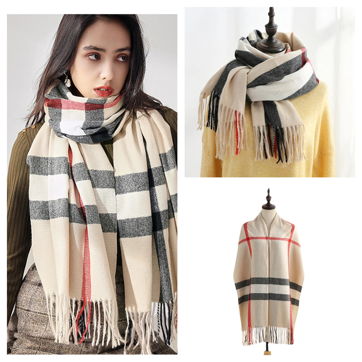Luxury Plaid Cashmere-Feel Scarf - Oversized Shawl Wrap