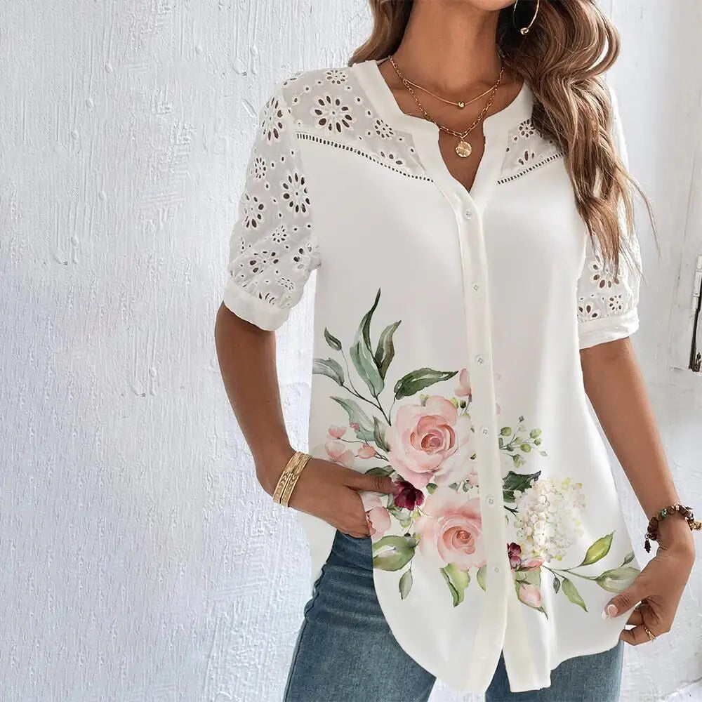 Elegant Lace Short Sleeve Blouse - Loose Fit Holiday Top