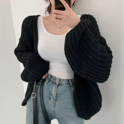 Premium Lantern Sleeve Knit Cardigan - Vintage Loose-Fit Sweater