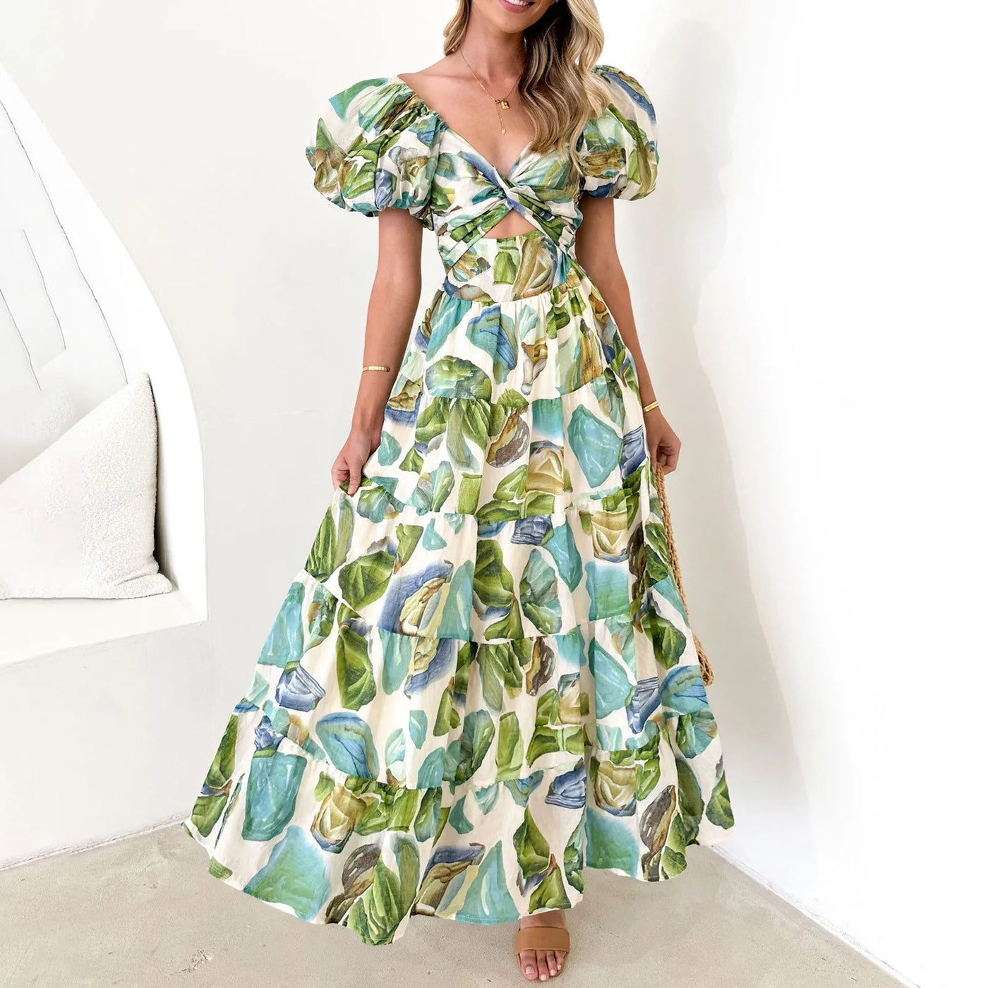 Summer V Neck Cutout Floral Print Dresses Elegant Women Puff Short Sleeve Casual Dress Pleated Waisted Swing Beach Long Dress
