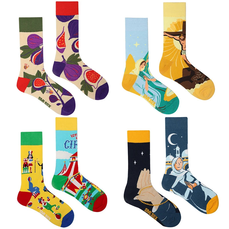 Colorful Print Cotton Socks - Unisex Mid-Tube Casual Pair