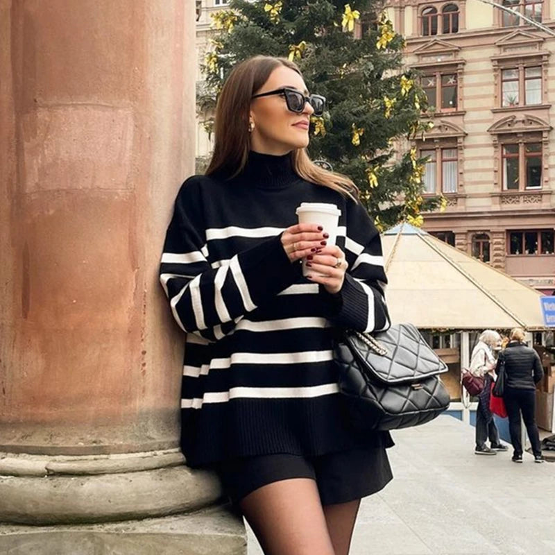 Premium Striped Turtleneck Knit Sweater - Loose Streetwear Pullover