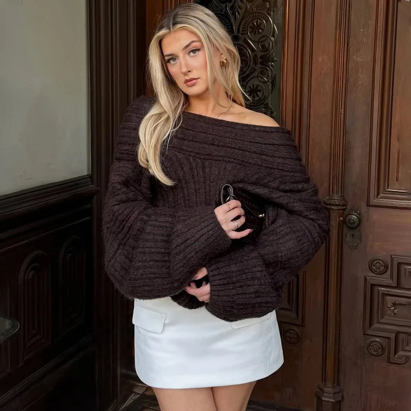 Off-Shoulder Knit Sweater - Relaxed Retro Pullover
