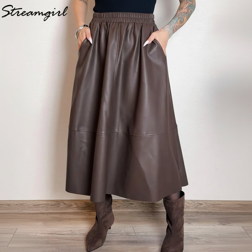 Premium PU Leather Midi Skirt - High Waist A-Line Design