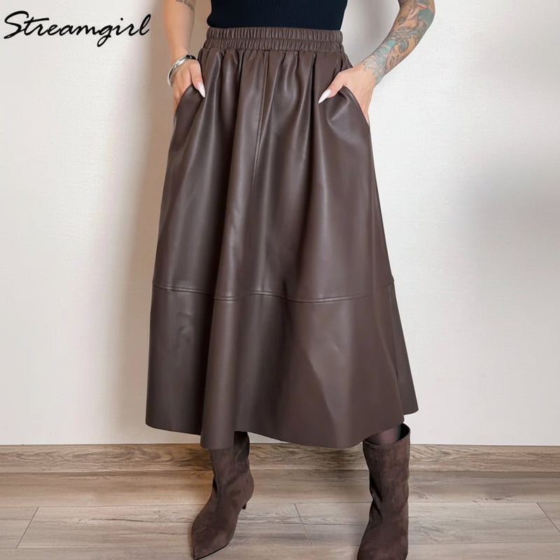 Premium PU Leather Midi Skirt - High Waist A-Line Design
