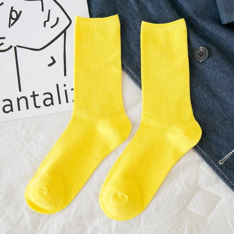 Solid Color Crew Socks - Breathable Preppy Mid-Calf Style