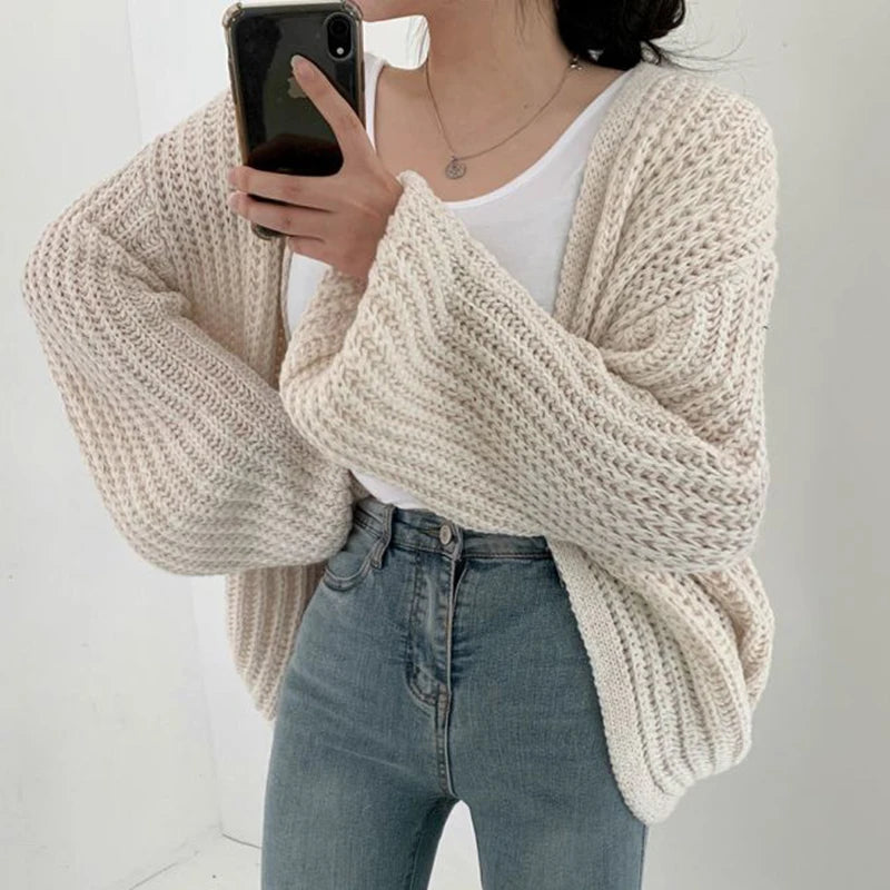 Premium Lantern Sleeve Knit Cardigan - Vintage Loose-Fit Sweater