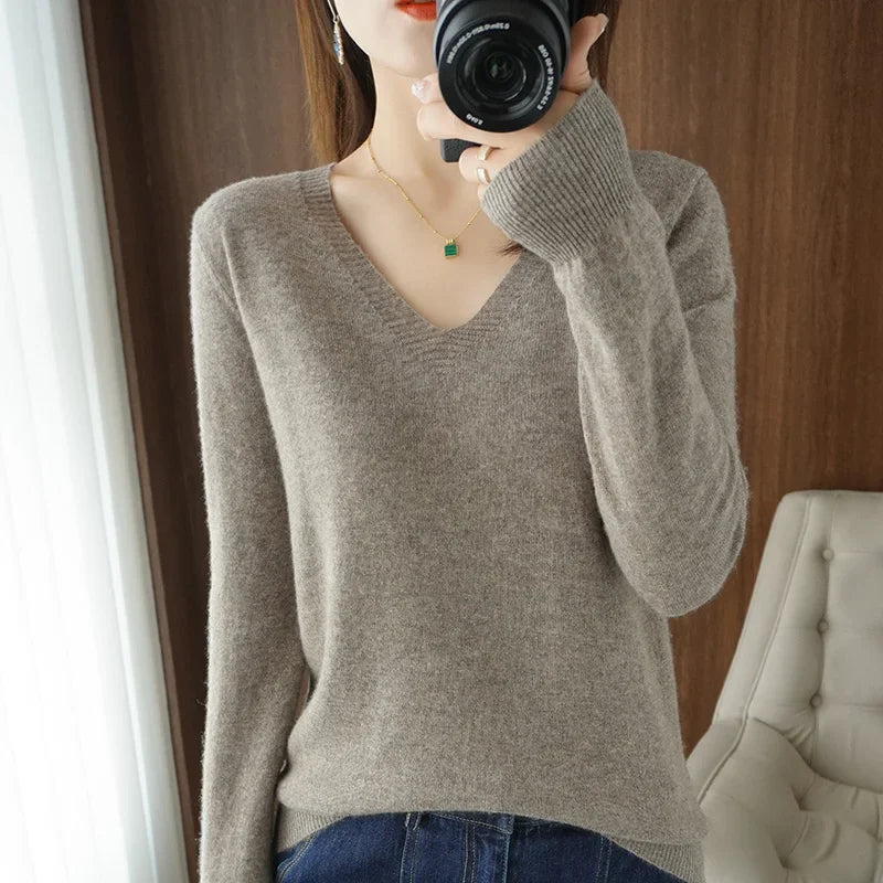 Premium V-Neck Knit Sweater - Soft Solid Color Pullover