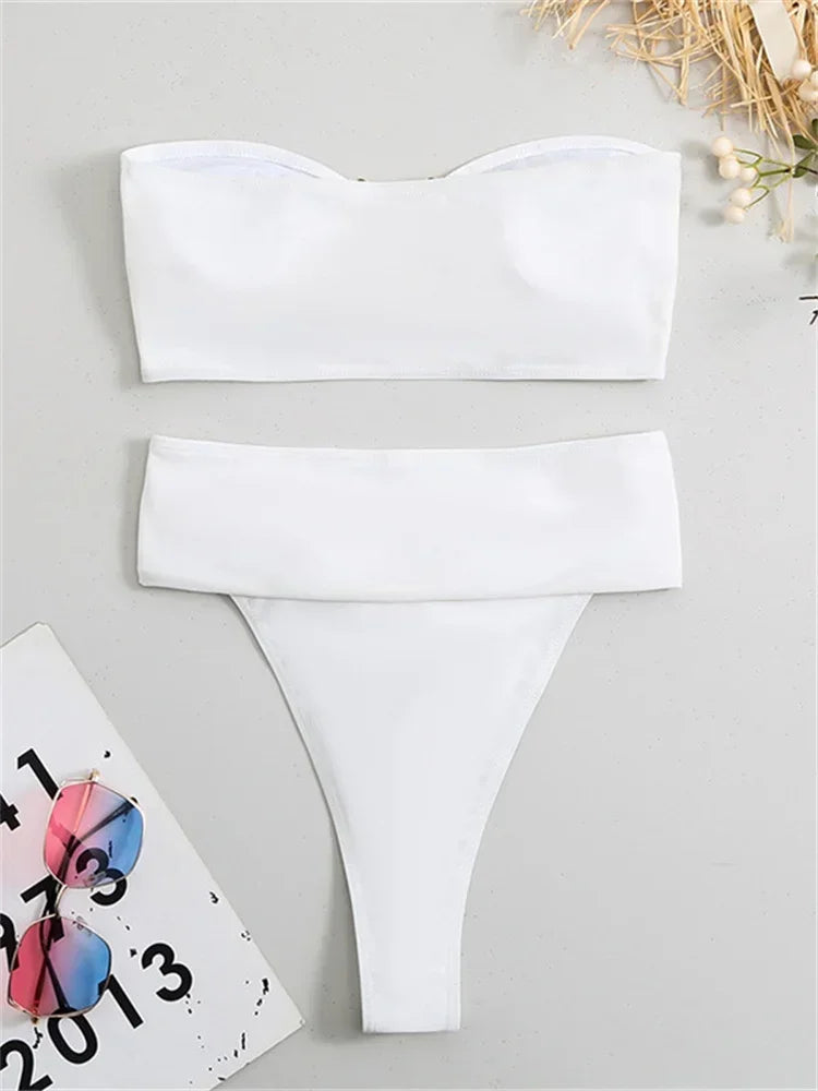 High Waist Bandeau Bikini Set - Metal Detail Push-Up Style