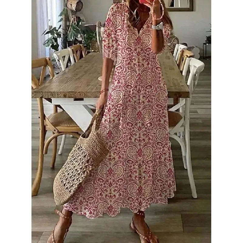 Bohemian Floral Maxi Dress - Relaxed V-Neck Summer Style