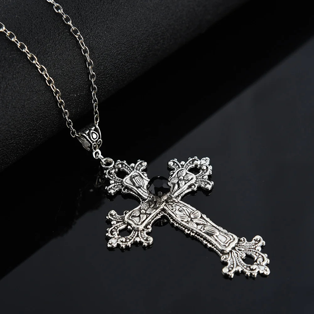 Y2K Crystal Cross Pendant Necklace - Gothic Choker Chain