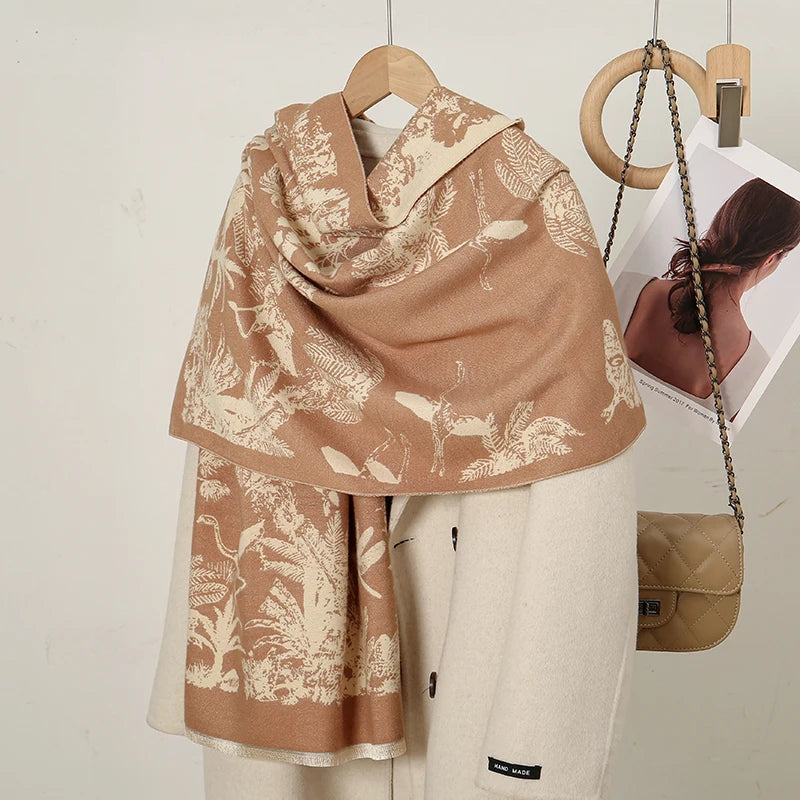 Luxury Floral Cashmere-Feel Winter Scarf - Fringed Shawl Wrap