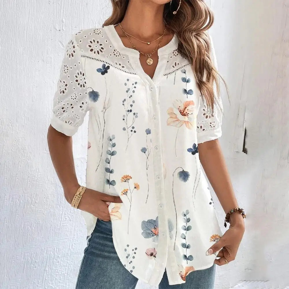 Elegant Lace Short Sleeve Blouse - Loose Fit Holiday Top
