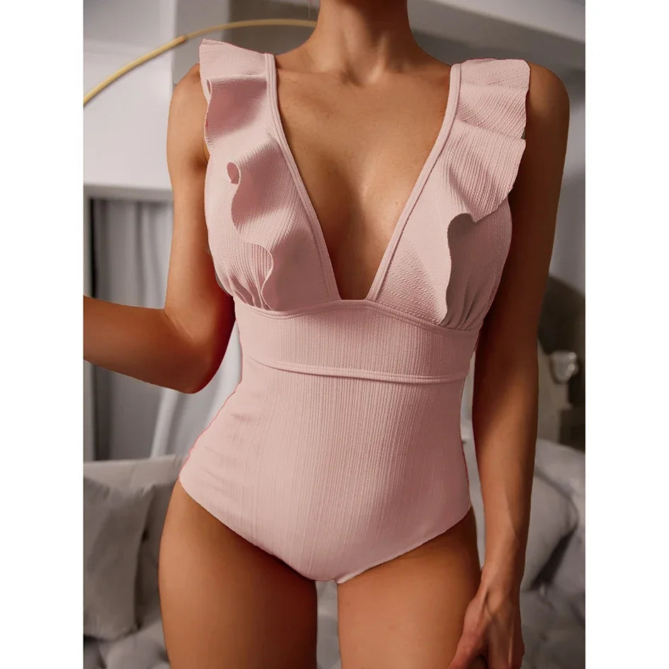 Deep V Ruffle One-Piece Swimsuit - Adjustable Strap Monokini