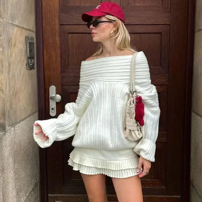 Off-Shoulder Knit Sweater - Relaxed Retro Pullover