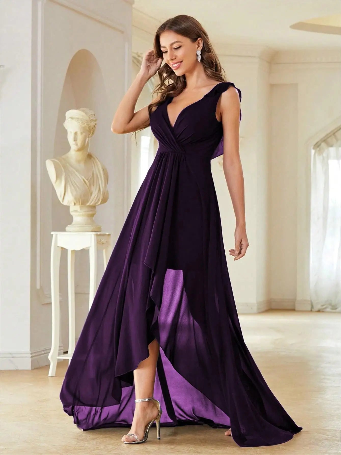 Sexy V-neck Backless High Low Ruched Chiffon Long Cocktail Party Dress