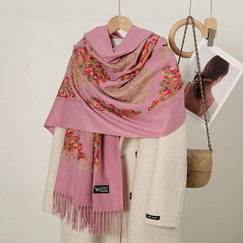 Luxury Floral Cashmere-Feel Winter Scarf - Fringed Shawl Wrap
