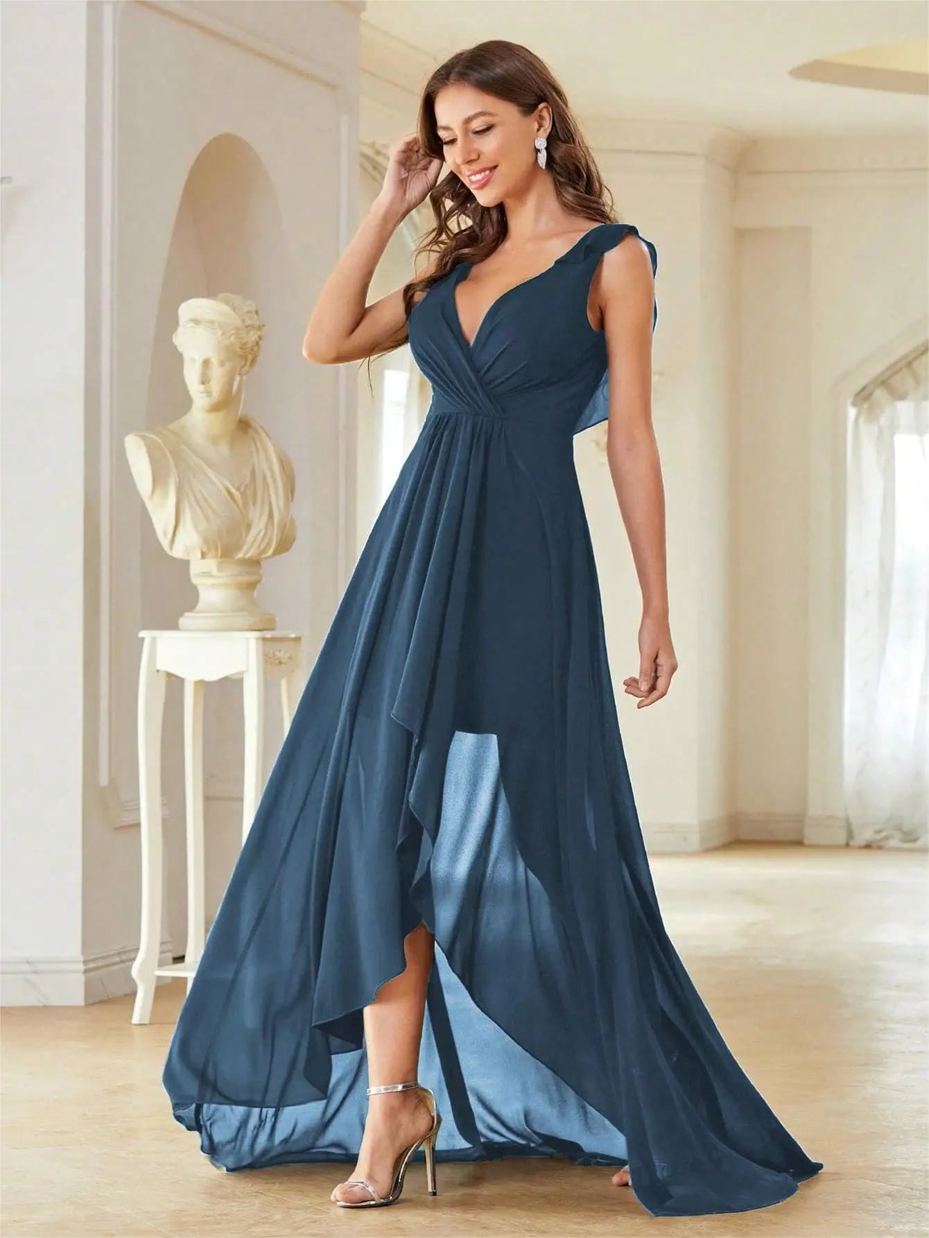 Sexy V-neck Backless High Low Ruched Chiffon Long Cocktail Party Dress