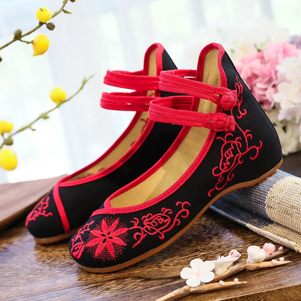 Premium Embroidered Ballet Flats - Ankle Strap Canvas Shoes