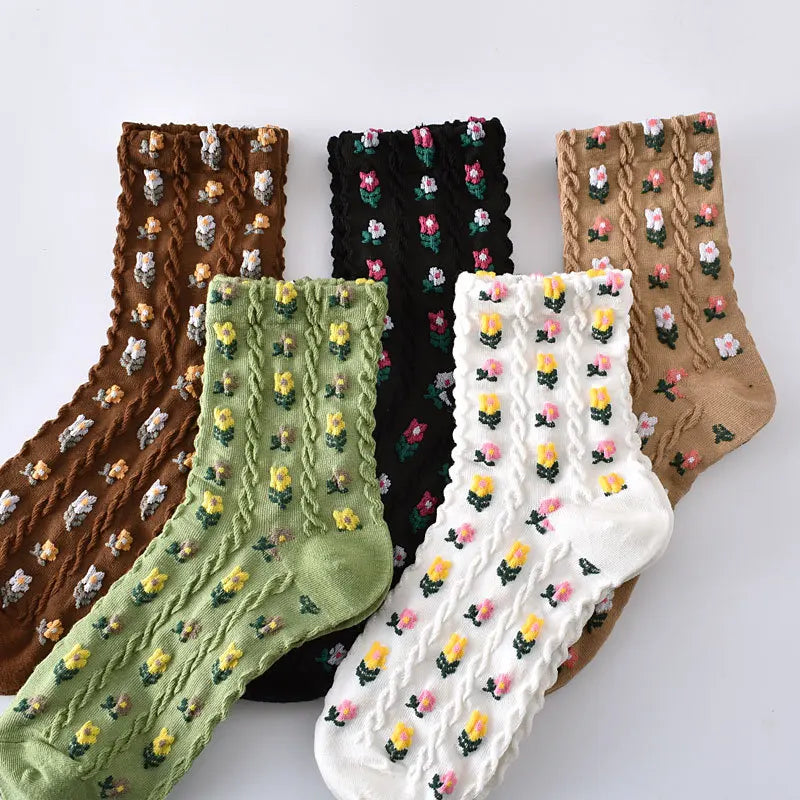 Retro Embroidered Flower Socks - 5 Pair Cozy Gift Set
