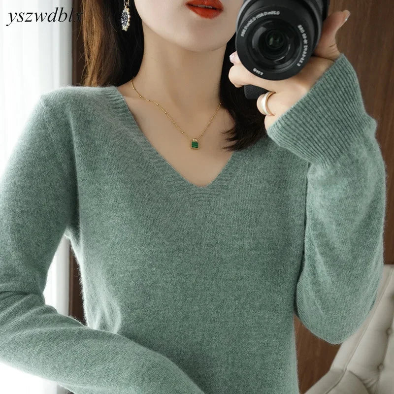 Premium V-Neck Knit Sweater - Soft Solid Color Pullover