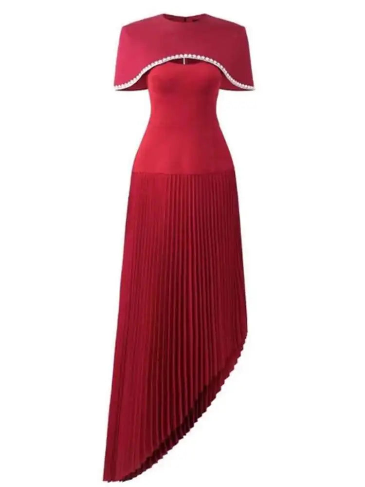 DEAT Elegant 2 Pcs Set  Diamond Embedded Short Shawl Camisole Waist Pleated Asymmetric Dress Suit Spring 2026 New Tide 13DB5108