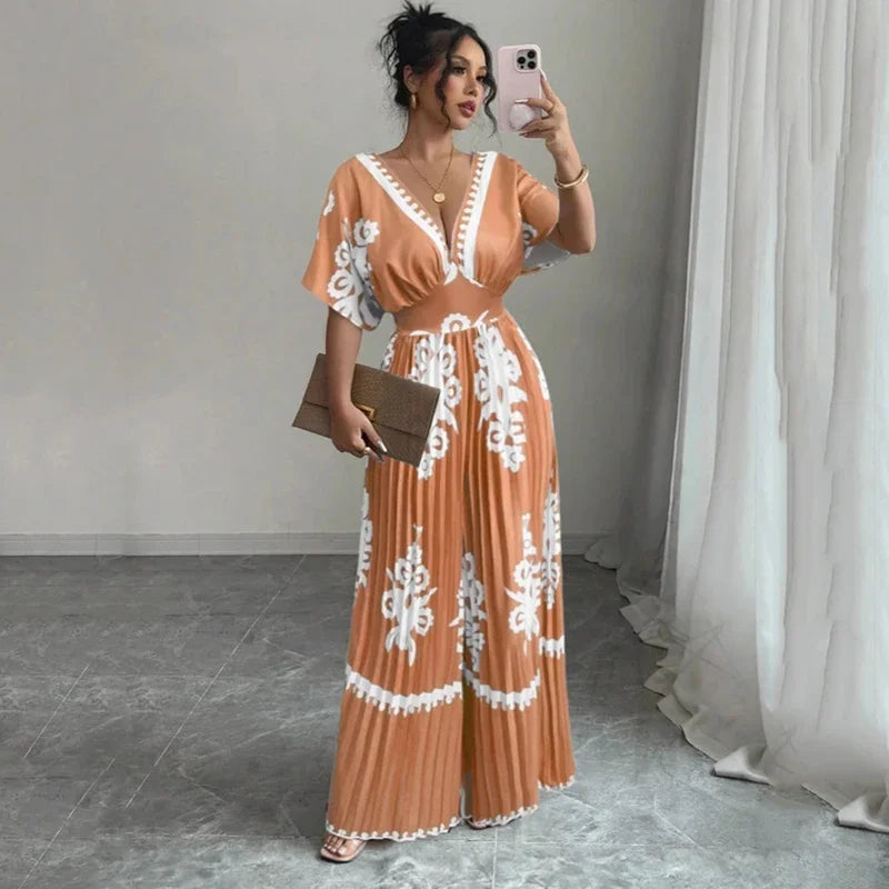 Deep V-Neck Short Sleeve Wide-Leg Jumpsuit - Elegant One-Piece