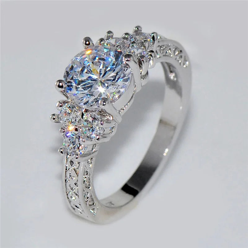 Luxury White Zircon Engagement Ring - Silver-Tone Jewelry