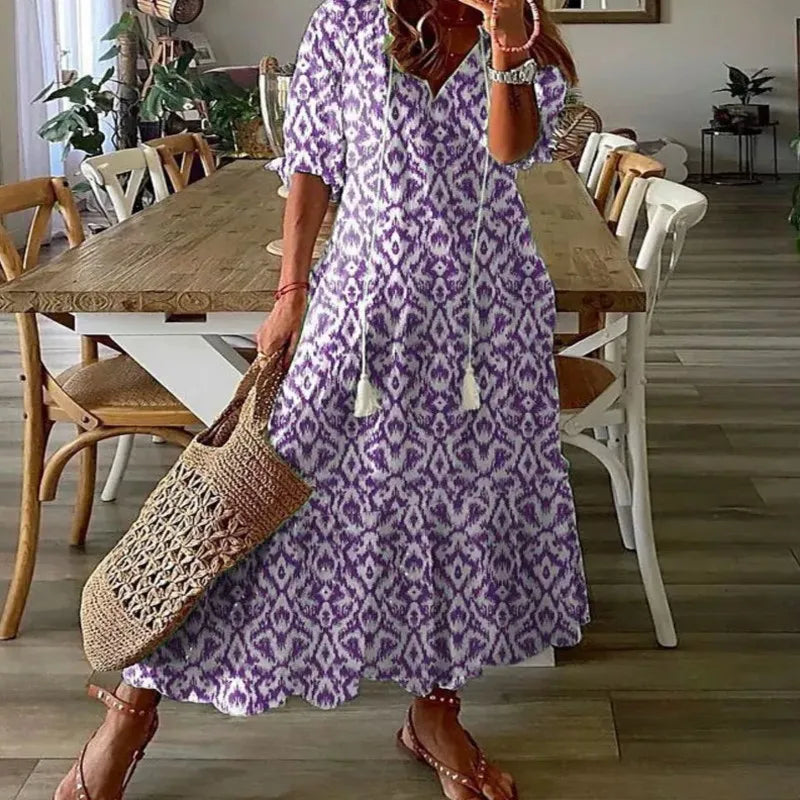 Bohemian Floral Maxi Dress - Relaxed V-Neck Summer Style