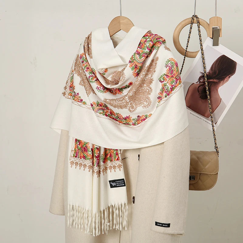 Luxury Floral Cashmere-Feel Winter Scarf - Fringed Shawl Wrap