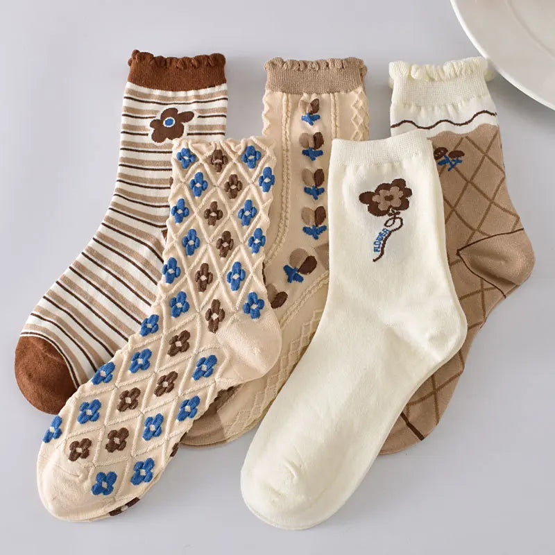 Retro Embroidered Flower Socks - 5 Pair Cozy Gift Set