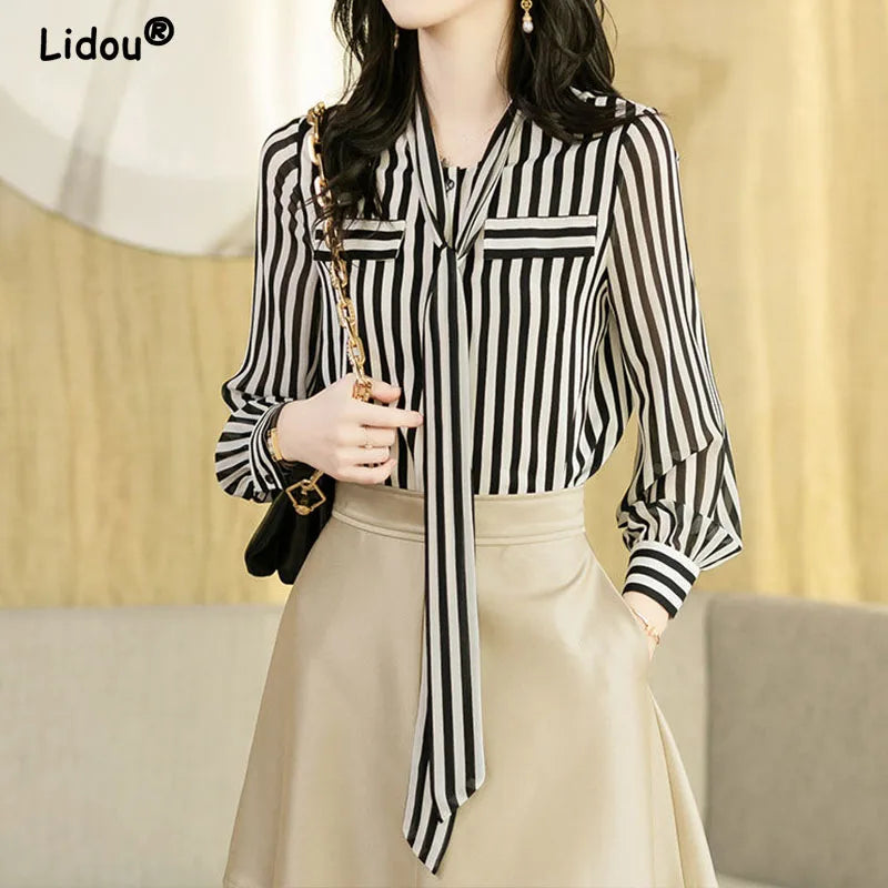 Striped Chiffon Office Blouse - Long Sleeve Bow Neck Top